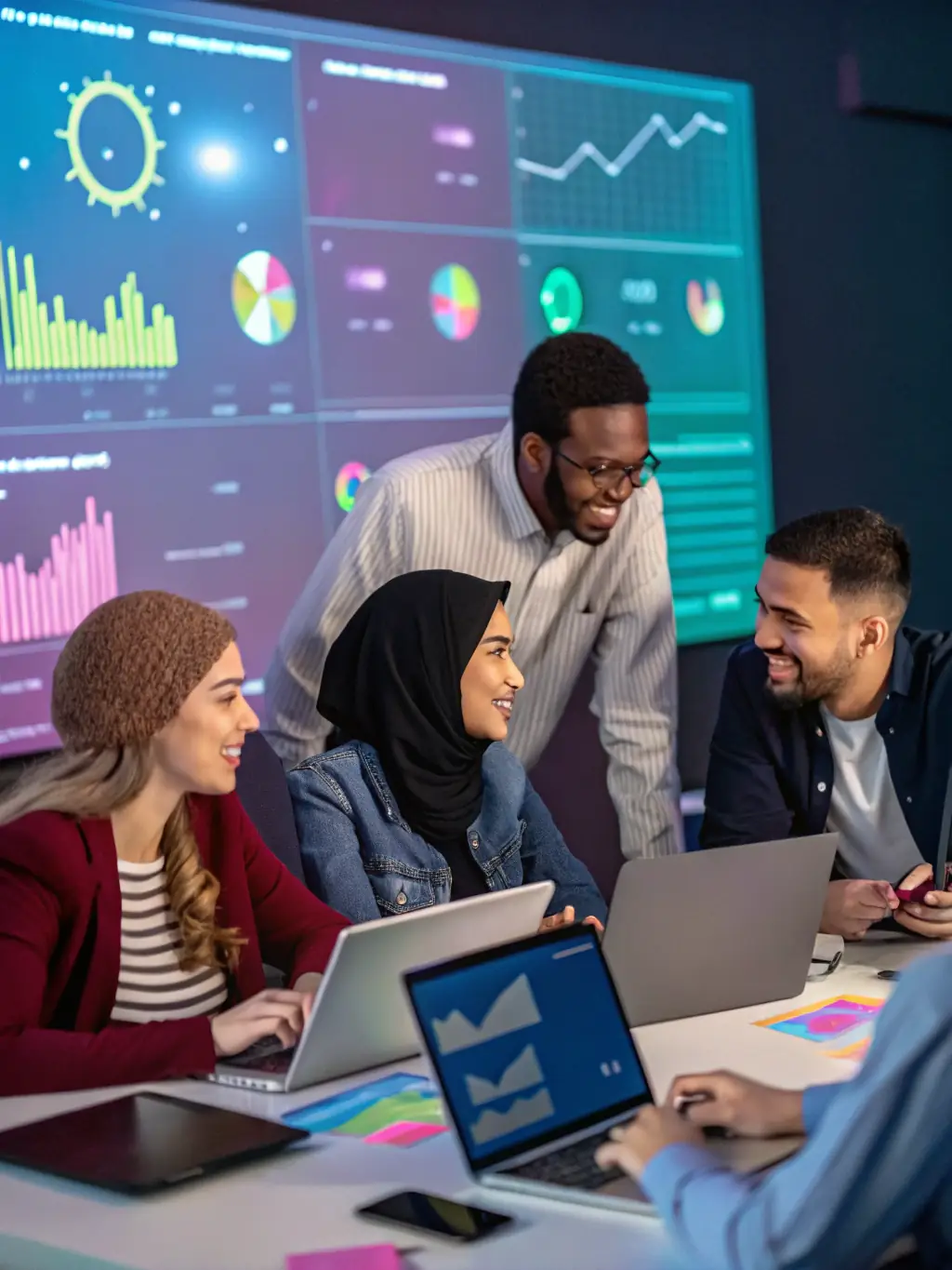 A diverse team of cybersecurity consultants brainstorming solutions around a table filled with laptops and network diagrams, highlighting teamwork and innovation.