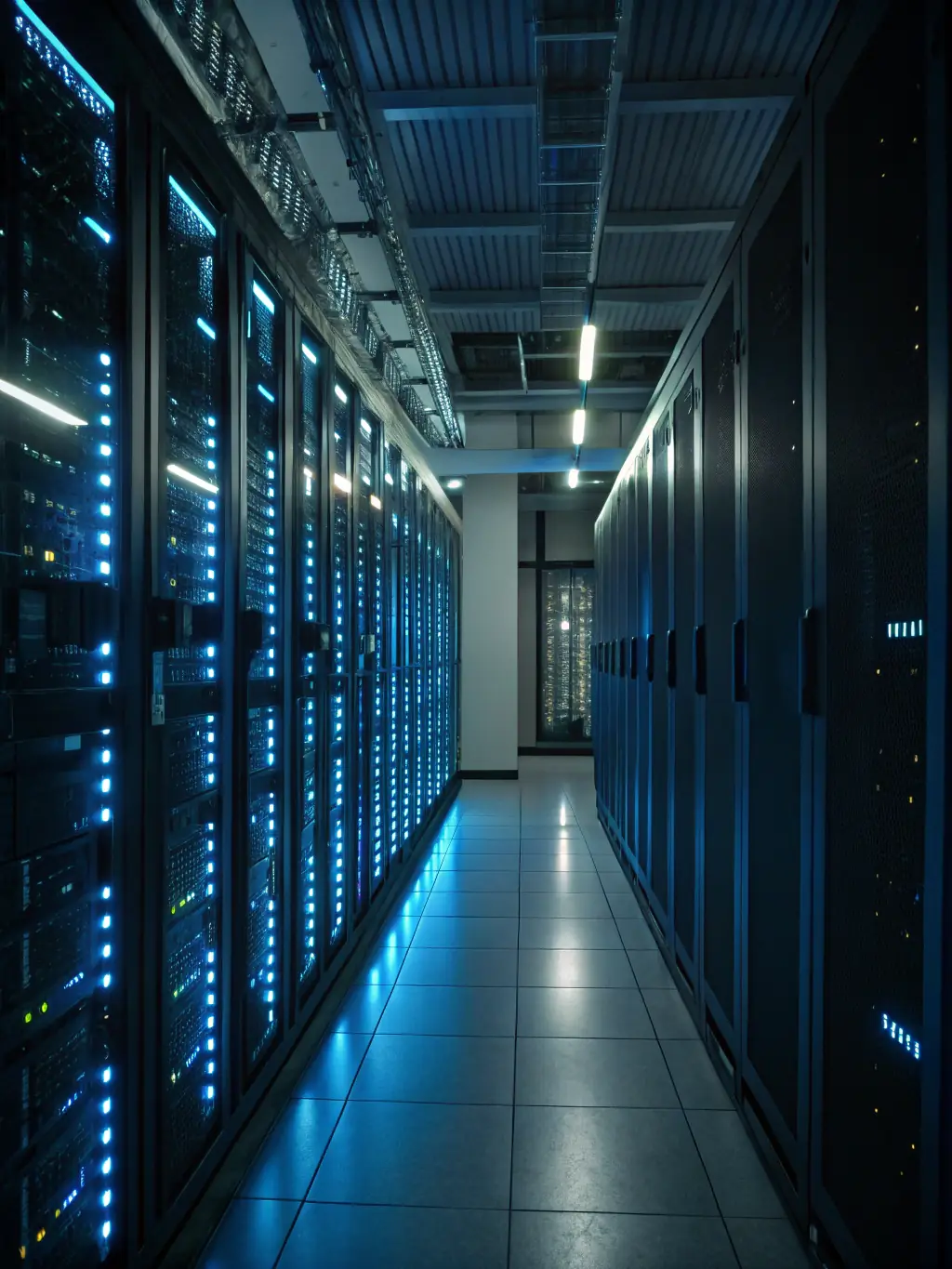 A secure data center with blinking servers and a holographic display showing network traffic, symbolizing data protection and advanced technology.