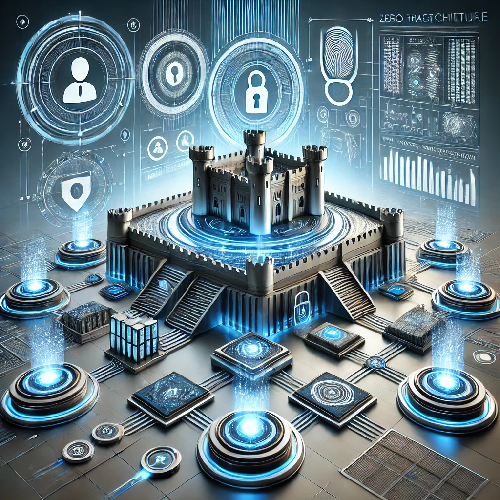 Conceptual digital fortress representing the five pillars of Zero Trust architecture