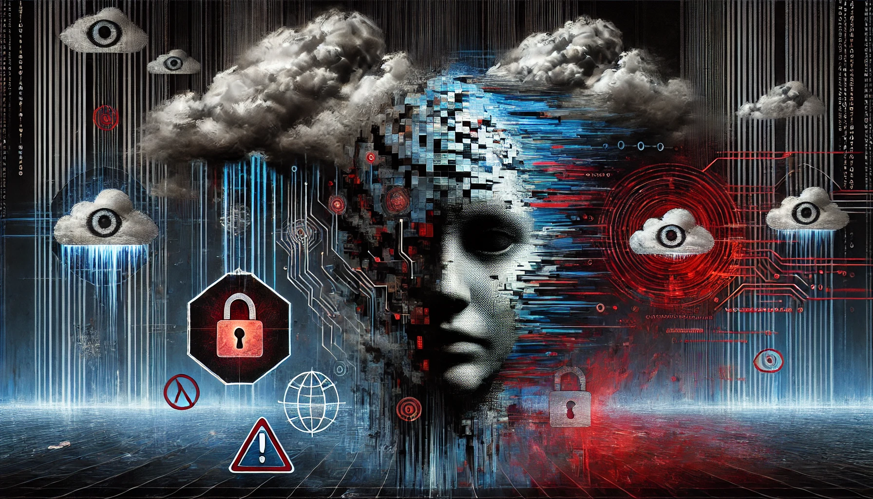 Conceptual illustration of hidden AI risks surrounding a fragmented humanoid figure