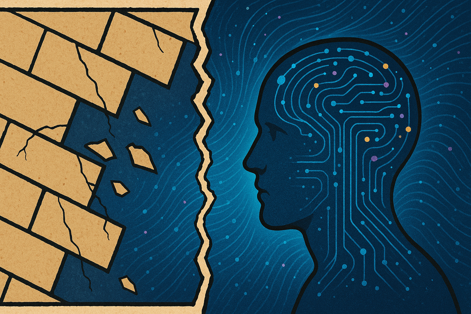 Illustration of a fragmented audit wall facing an AI profile, representing the AI audit gap