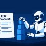Illustration of a robot stacking blue blocks beside a risk management checklist