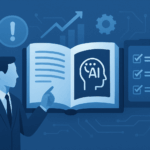 Blue illustration of a business leader pointing to an AI playbook beside a checklist and warning icon.