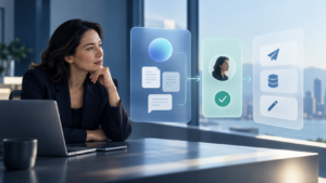 Business leader reviewing an AI workflow that connects documents, human approval and downstream actions