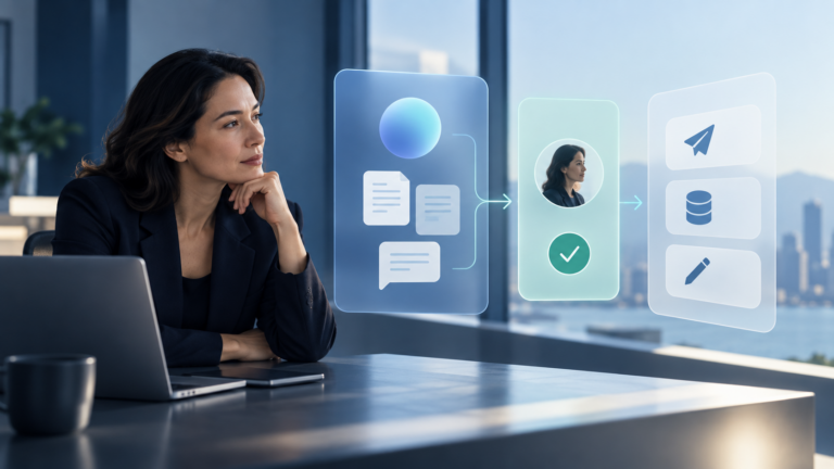 Business leader reviewing an AI workflow that connects documents, human approval and downstream actions