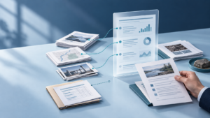 Professional research setting representing review of evidence used in an AI-assisted risk assessment.