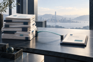 Illustration of a stack of documents linked by a curved teal bridge to a document on a desk, with a city skyline beyond the window.