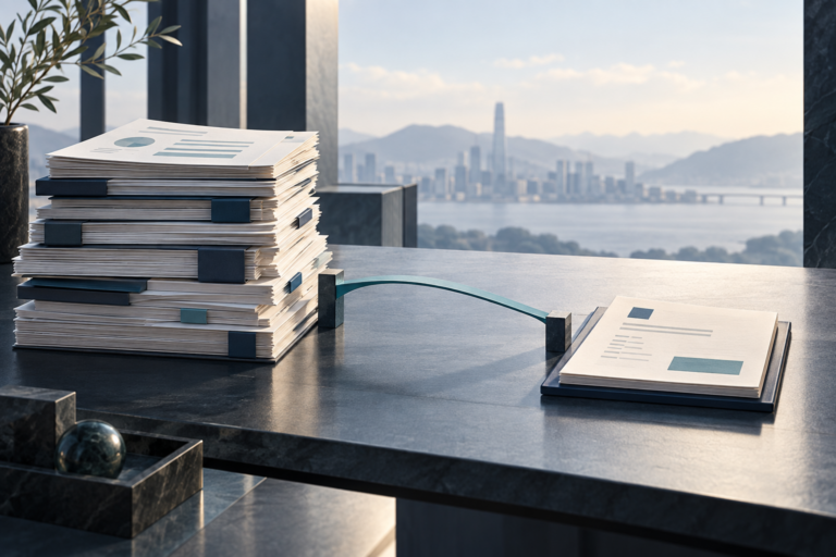 Illustration of a stack of documents linked by a curved teal bridge to a document on a desk, with a city skyline beyond the window.